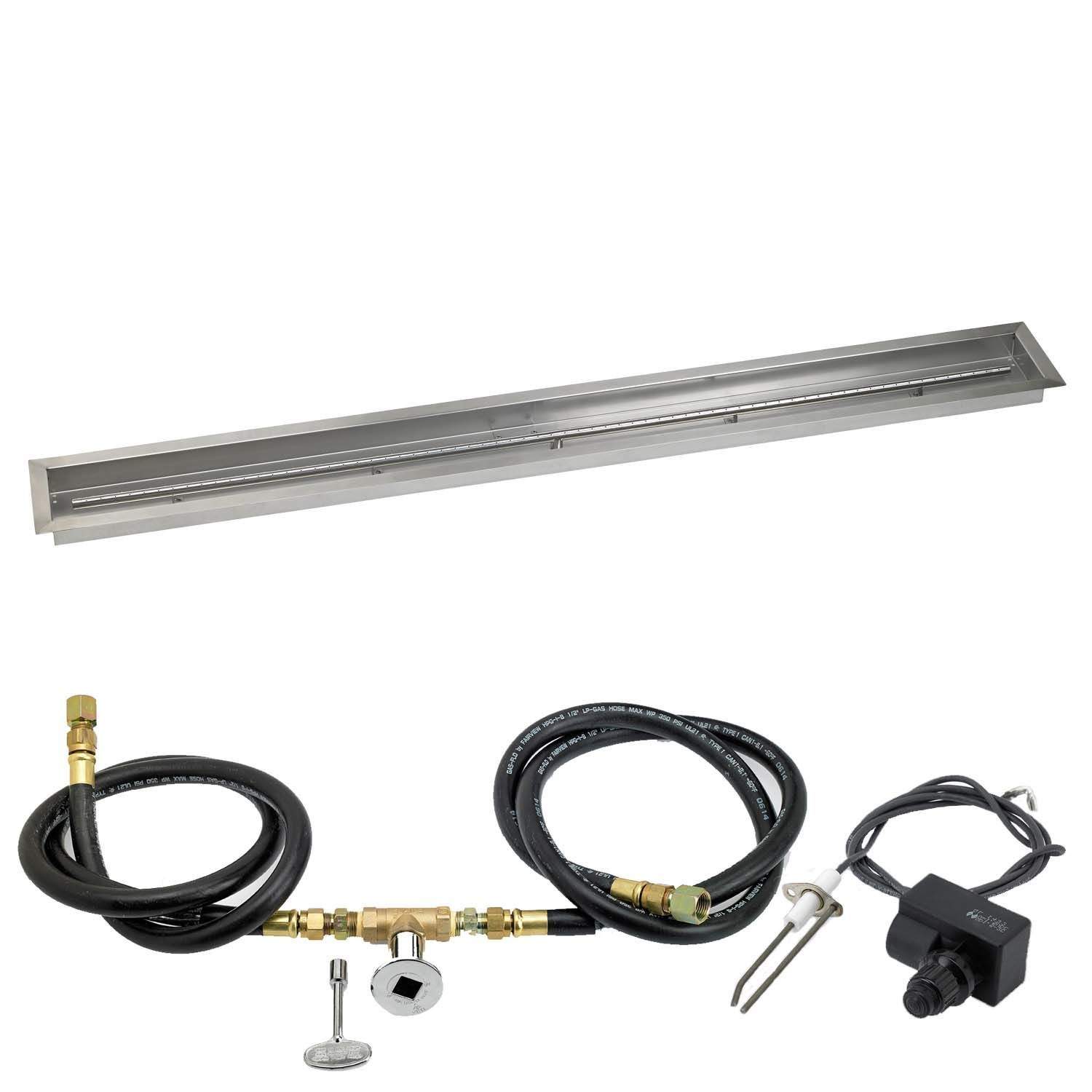 Gas fire pit ignition kit with stainless trough pan, black hoses, and brass fittings