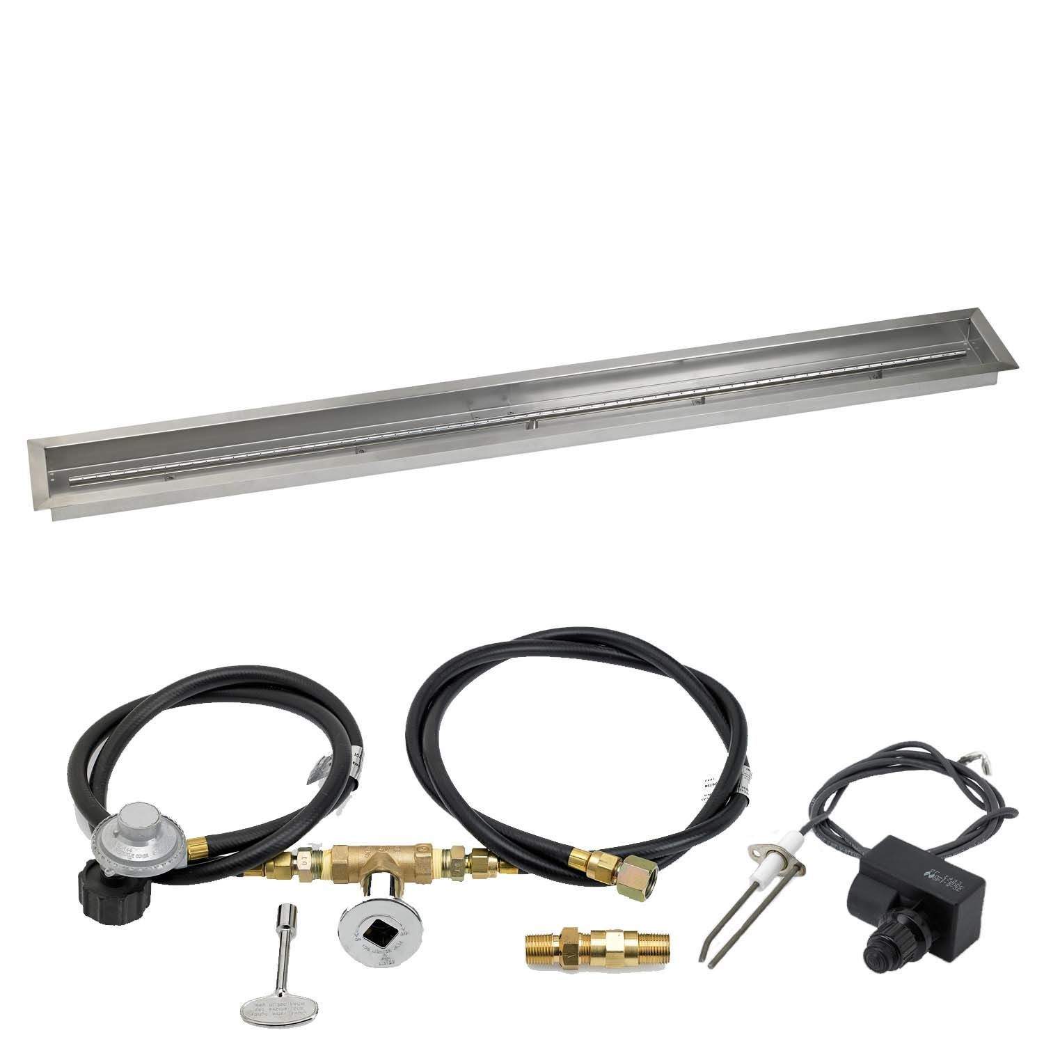 Gas fire pit ignition kit with stainless trough pan and assembled hose-and-sensor set