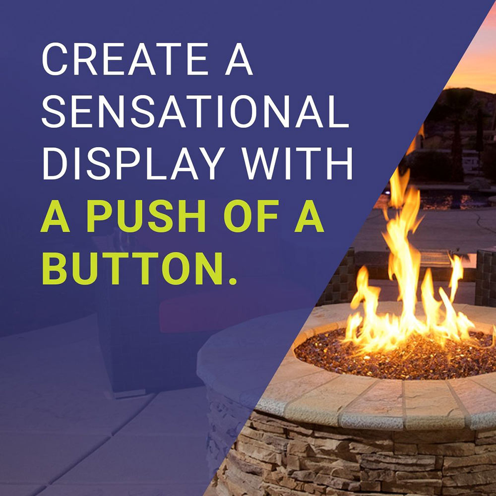 Fire pit ignition kit promotional graphic with push-button spark igniter text
