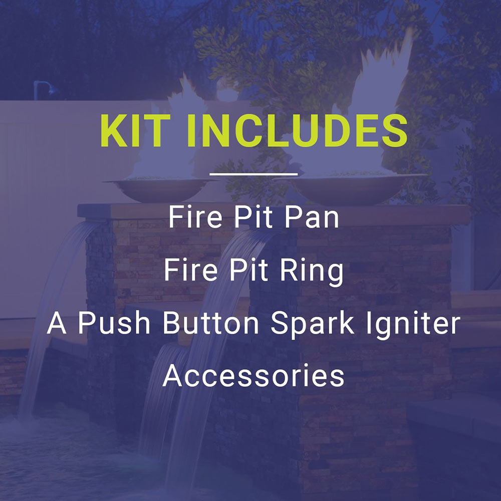 Fire pit ignition kit graphic listing fire pit pan, ring, and spark igniter