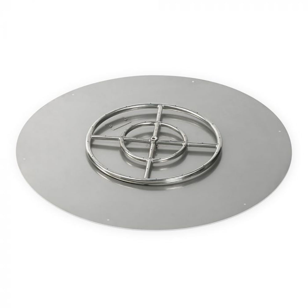 Round metal fire pit burner pan with centered stainless burner grate and cross bars
