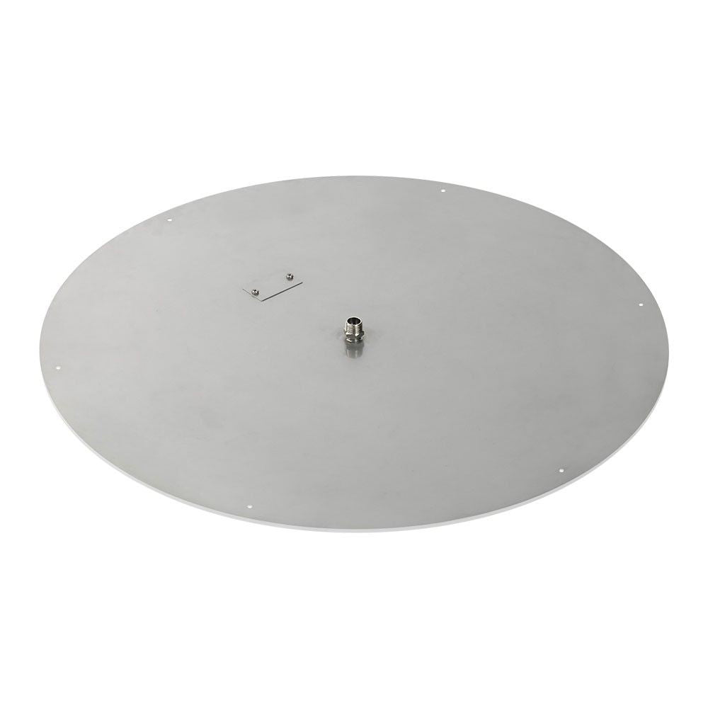 Round metal fire pit burner base plate with small threaded fitting and screw holes