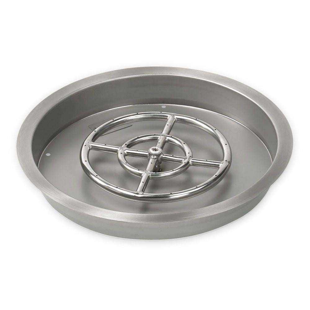 Round stainless steel fire pit burner pan with circular burner ring assembly