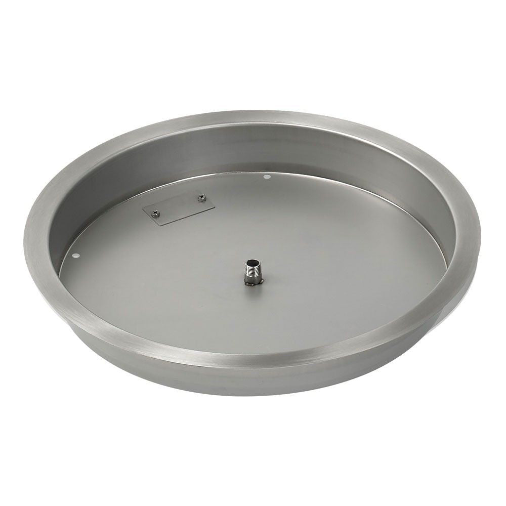 Round stainless steel fire pit burner pan base with central threaded gas fitting
