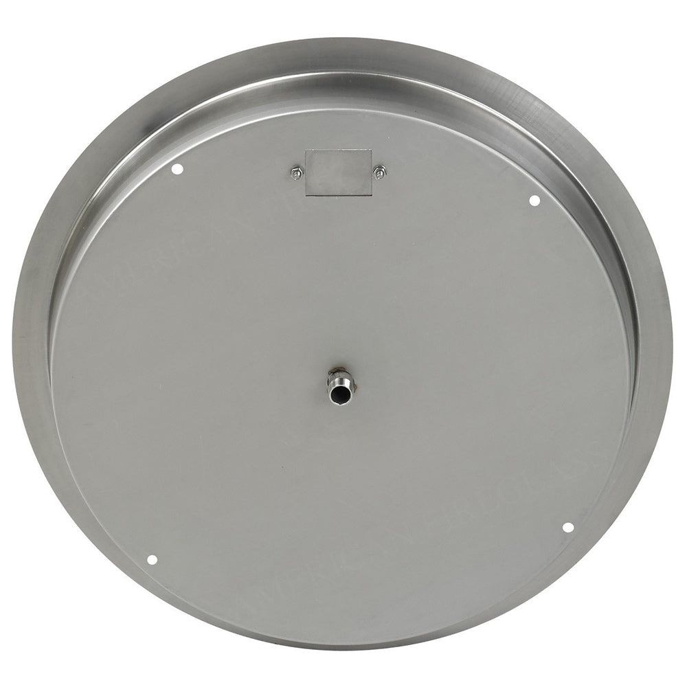 Round stainless steel fire pit pan with center gas inlet and small mounting tabs