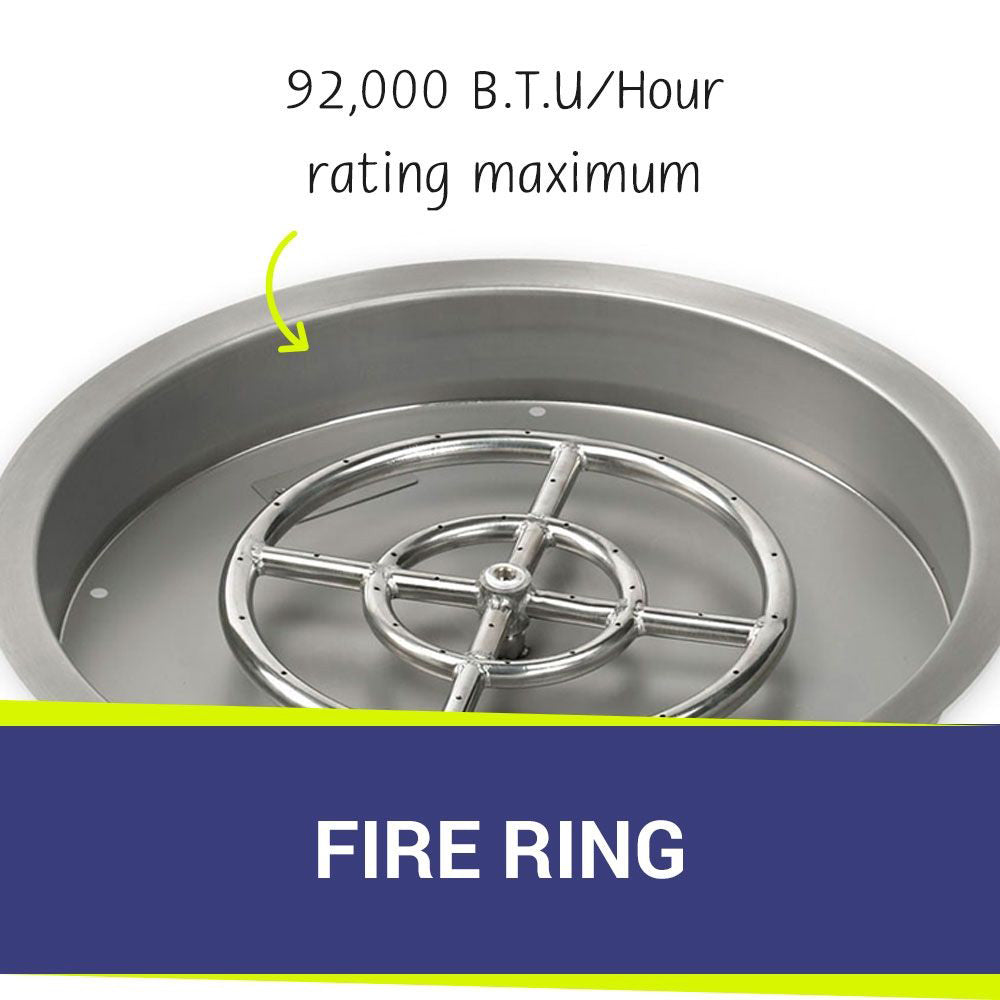 Round stainless steel burner pan showing circular fire ring burner assembly