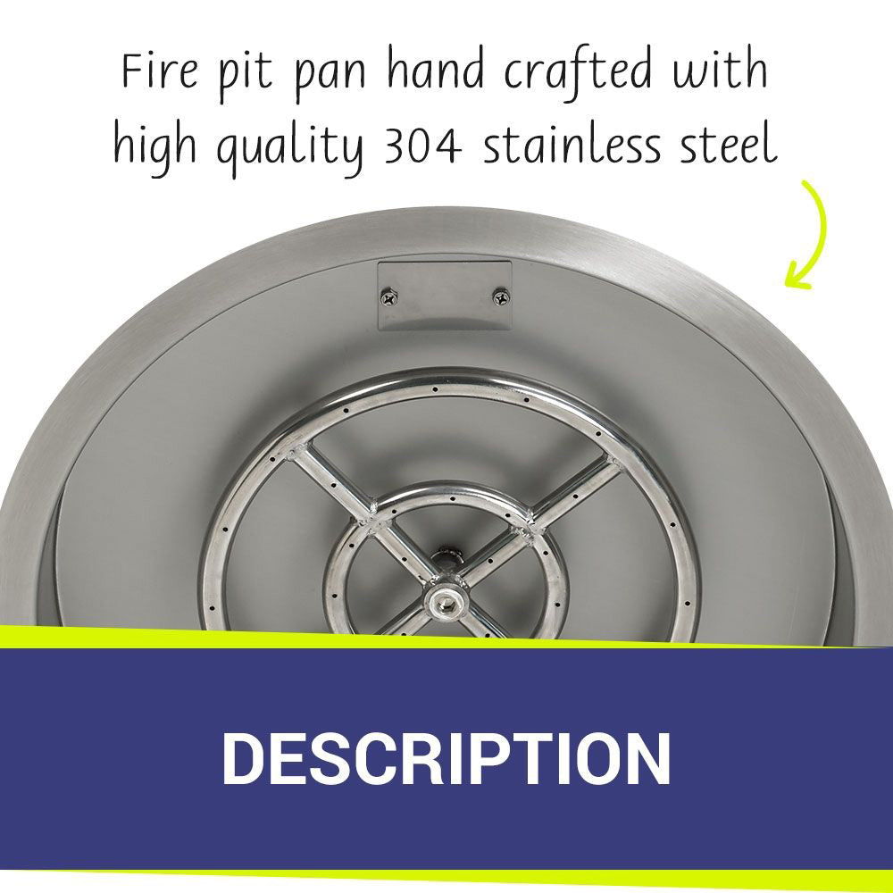 Round stainless steel fire pit burner pan with burner grate visible from above