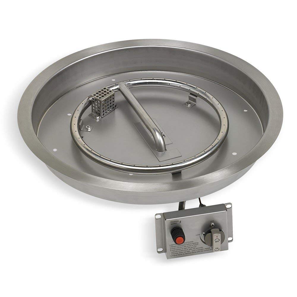 Stainless steel round fire pit burner pan with spark ignition ring and igniter