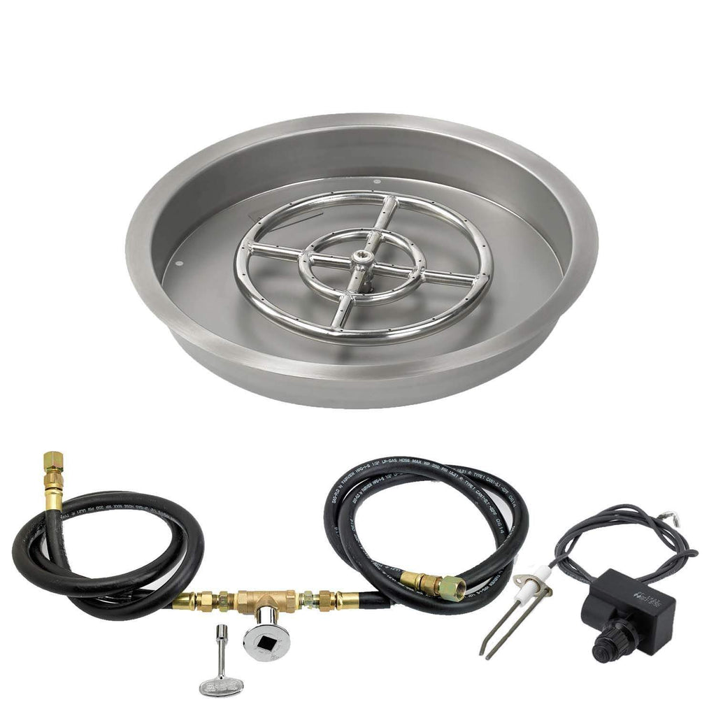 Round fire pit burner pan with spark igniter ring and connected black gas hoses