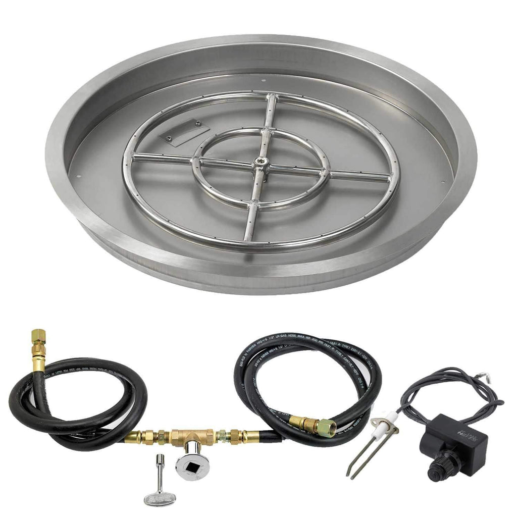 Round fire pit burner pan with spark ignition ring and gas hose bundle with module
