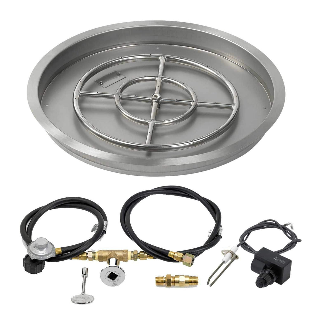 Round fire pit burner pan with burner ring and spark ignition kit hoses
