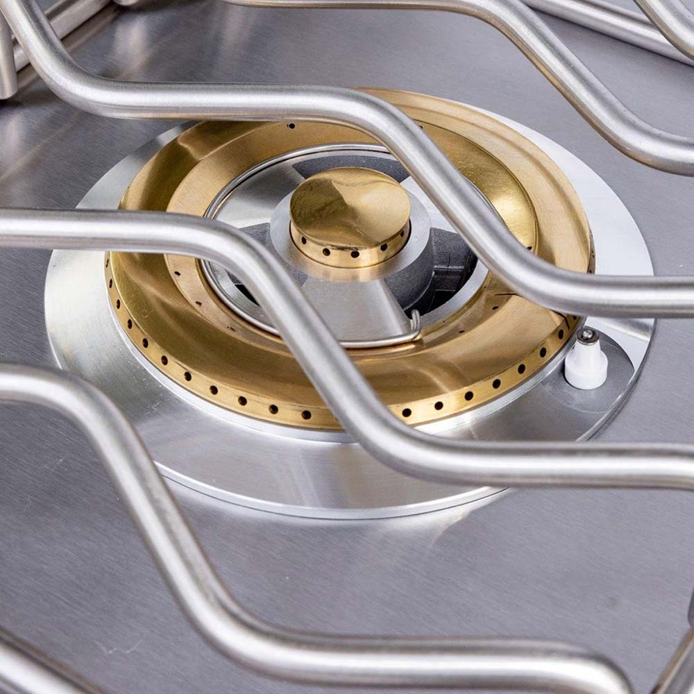 Side burner with brass cap and circular burner head inside stainless housing