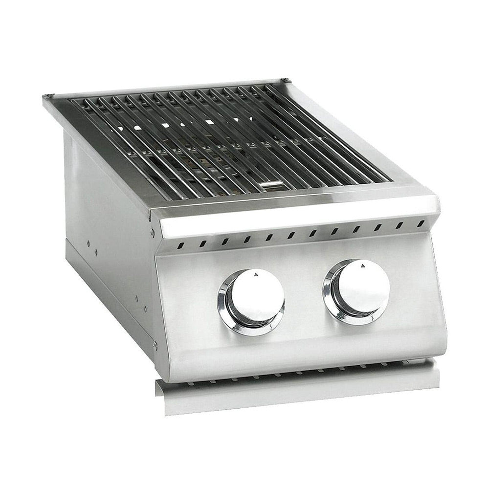 Stainless steel built-in double side burner with two control knobs and black grate