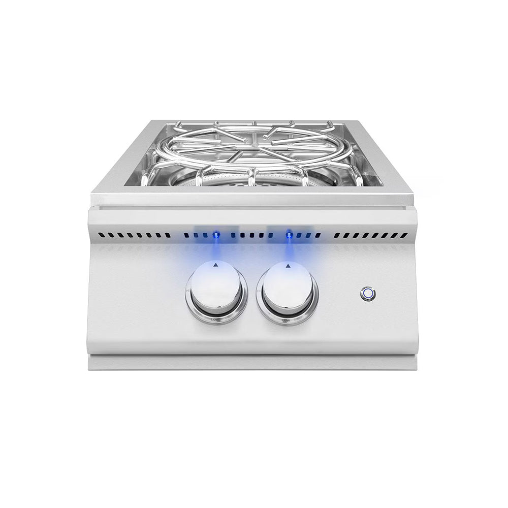 Stainless steel double side burner with two control knobs and gas burners