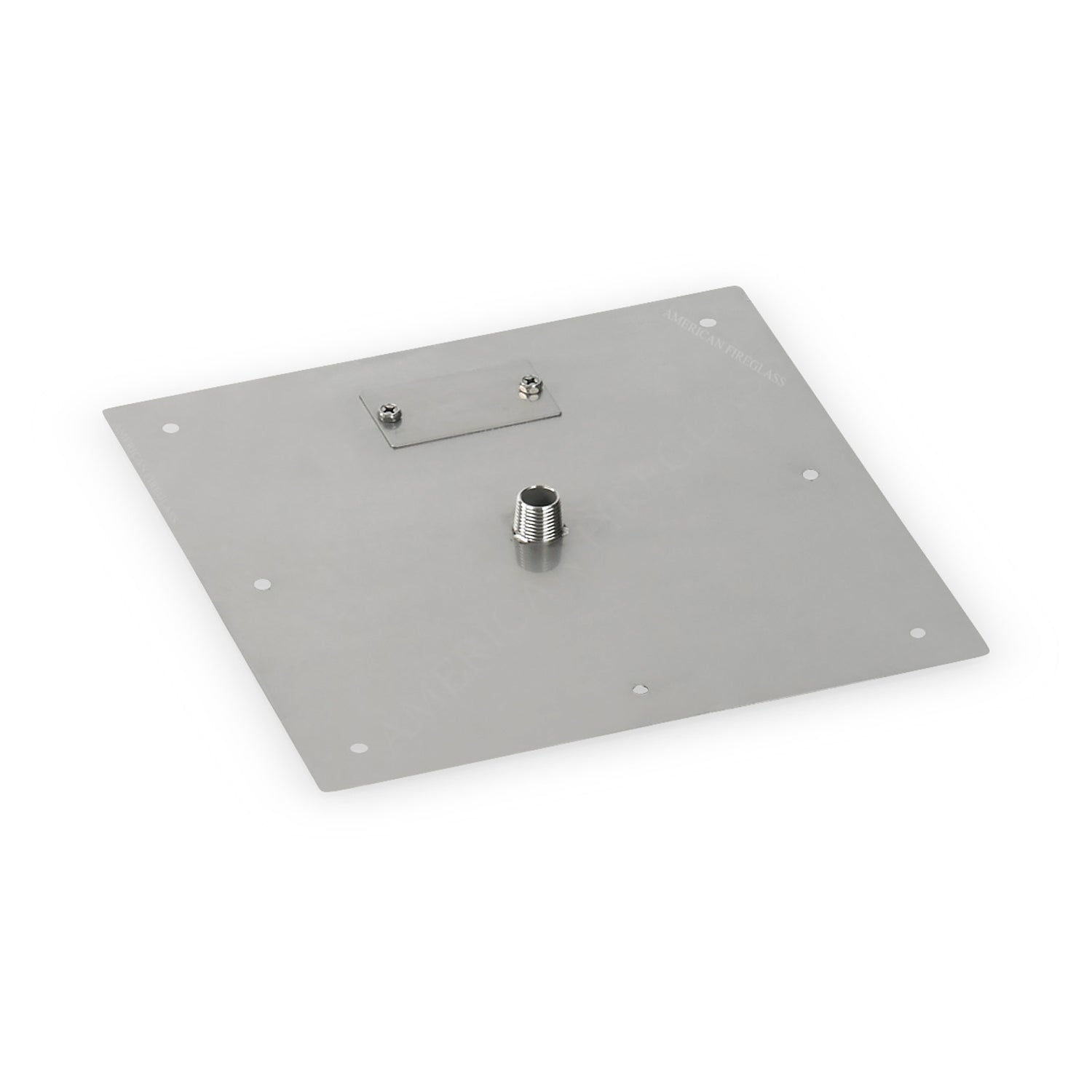 Square flat metal burner pan with center gas nozzle and mounting holes