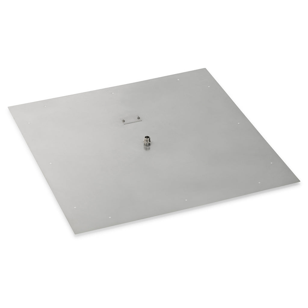 Square flat metal burner pan with center gas nozzle and evenly spaced mounting holes