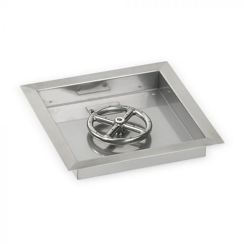 Square stainless steel fire pit burner pan with circular burner grate and control hardware
