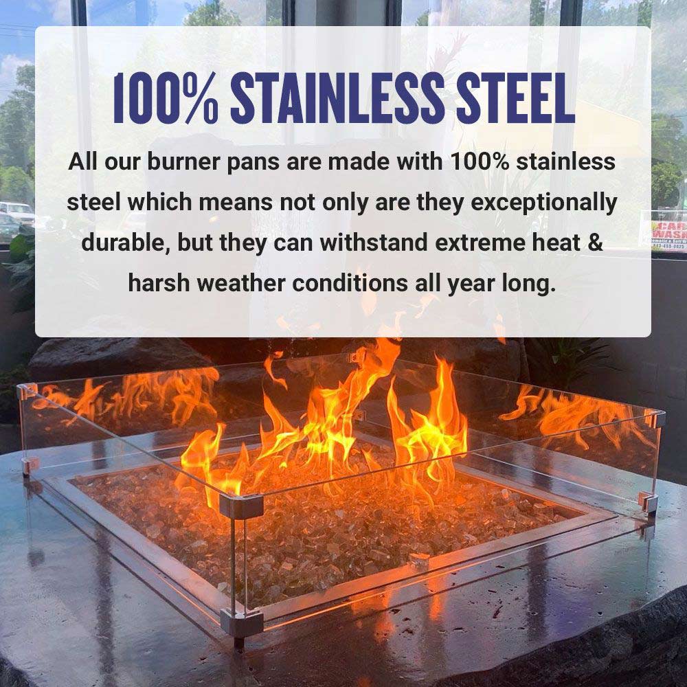 Square stainless steel fire pit burner pan with lit burner flame
