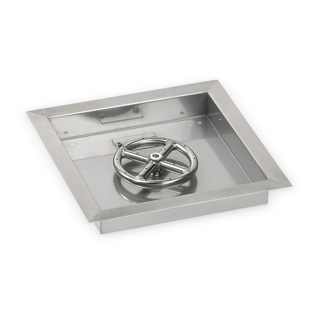 Square stainless fire pit pan with circular spark ignition burner and mounting plate