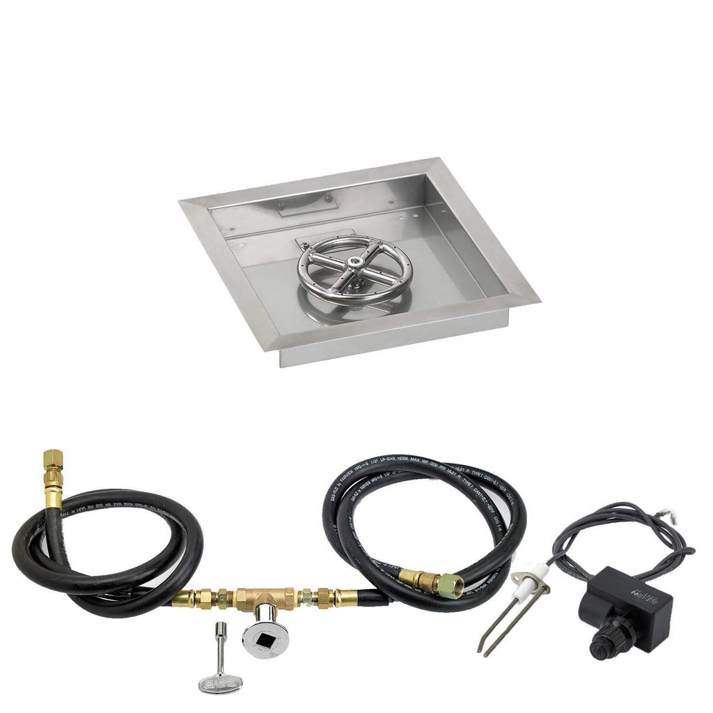 Square stainless fire pit pan with spark ignition burner and black gas hose kit