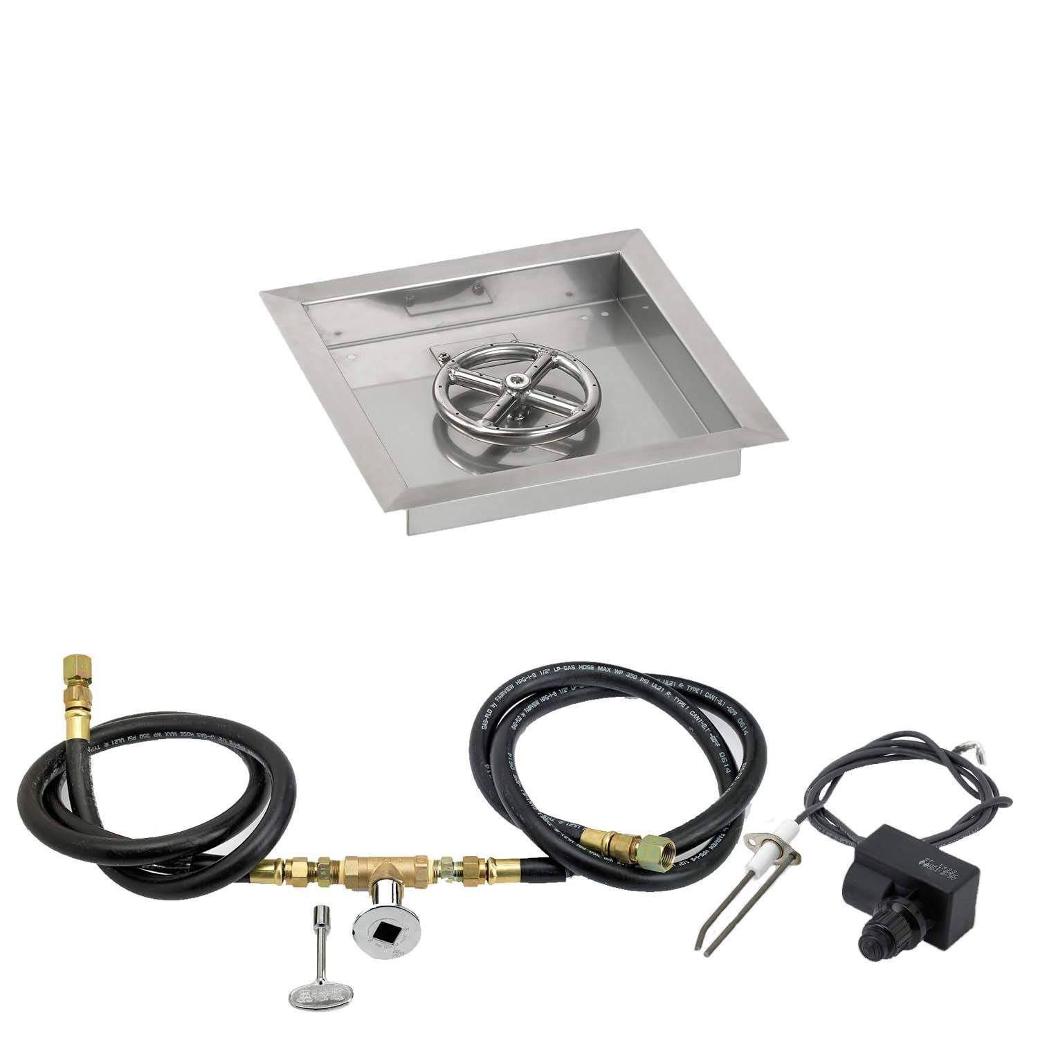 Square stainless fire pit pan with spark ignition burner and black gas hose kit
