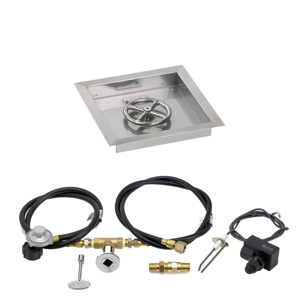 Square stainless fire pit pan with spark ignition burner and black gas hose kit
