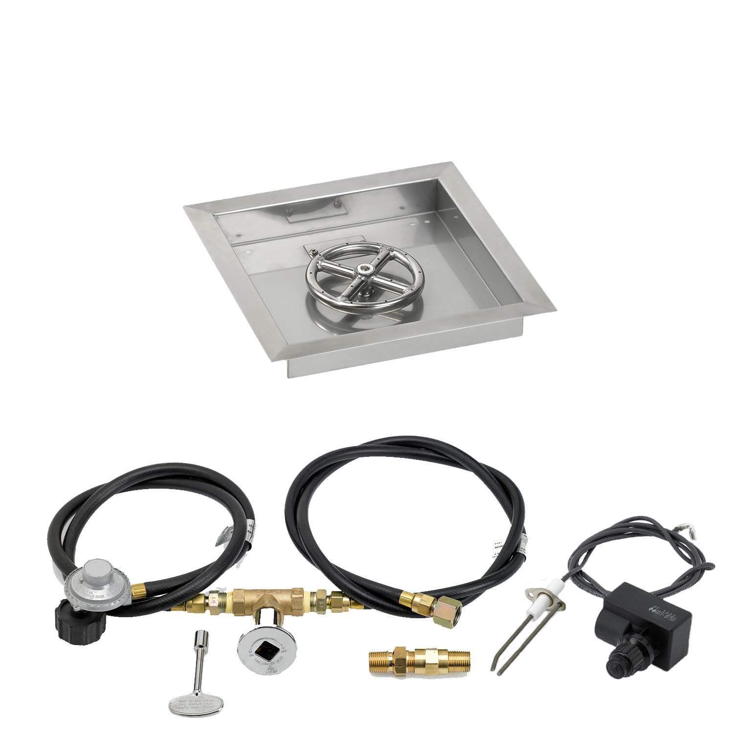 Square stainless fire pit pan with spark ignition burner and black gas hose kit