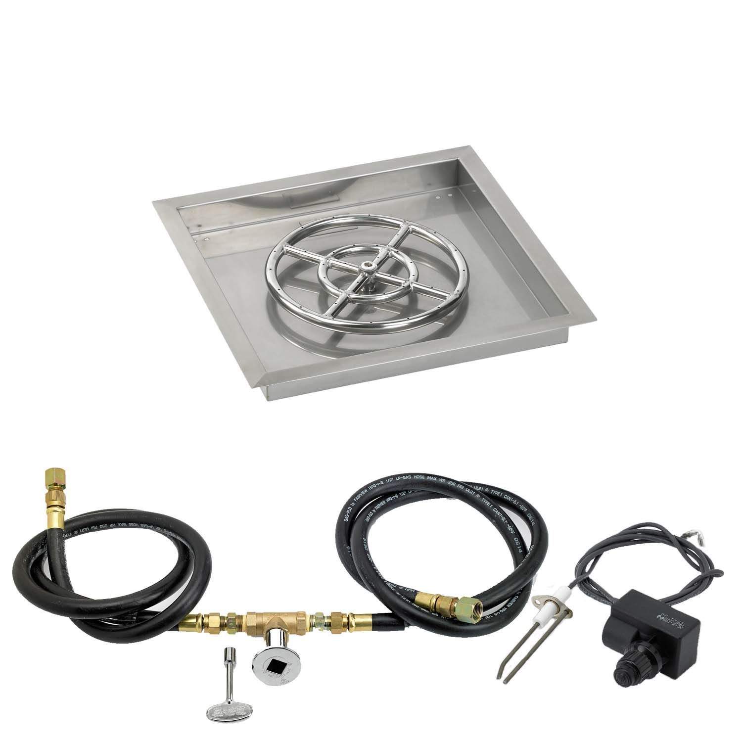 Square stainless fire pit pan with circular spark burner and gas hose accessory set