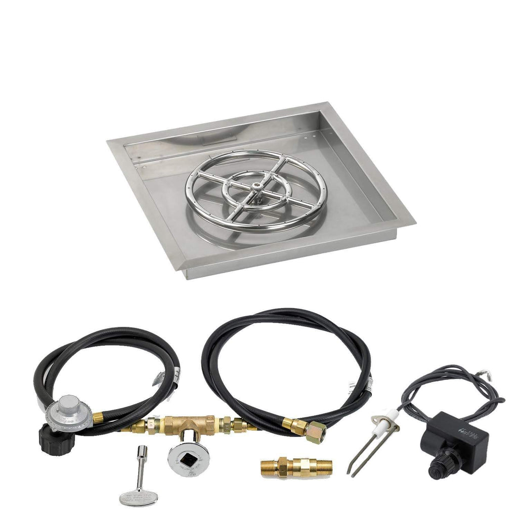 Square metal fire pit burner pan with circular grate and ignition valve with black cables