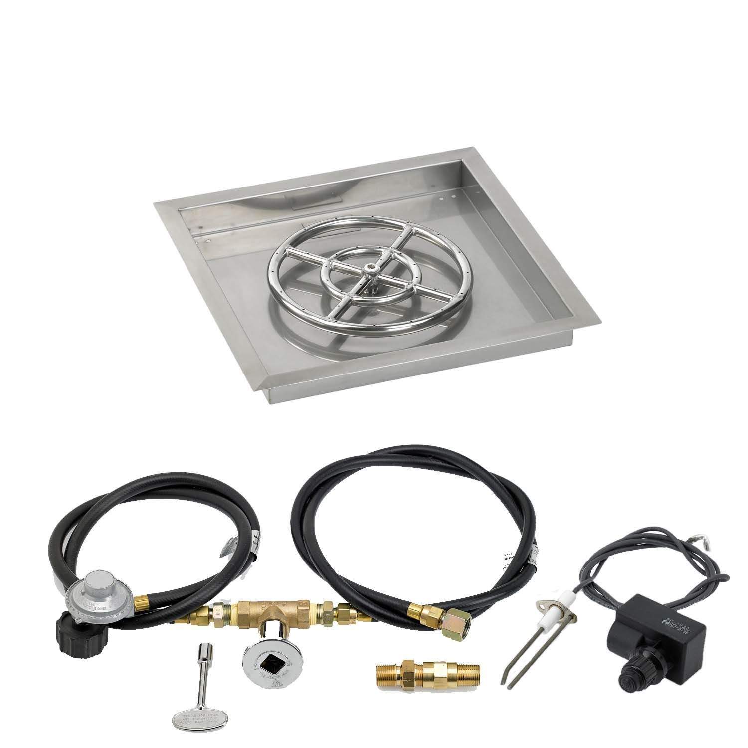 Square metal fire pit burner pan with circular grate and ignition valve with black cables