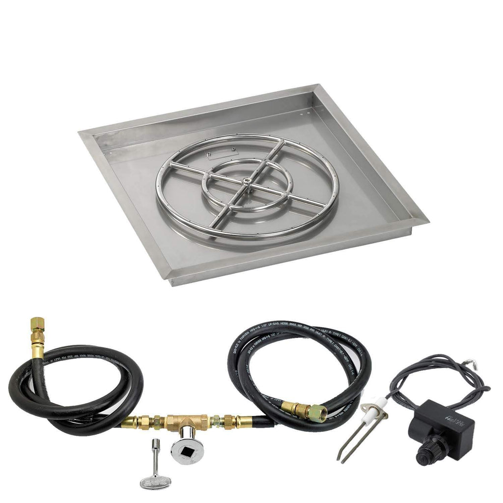 Square stainless fire pit pan with spark ignition burner and connected gas hose components