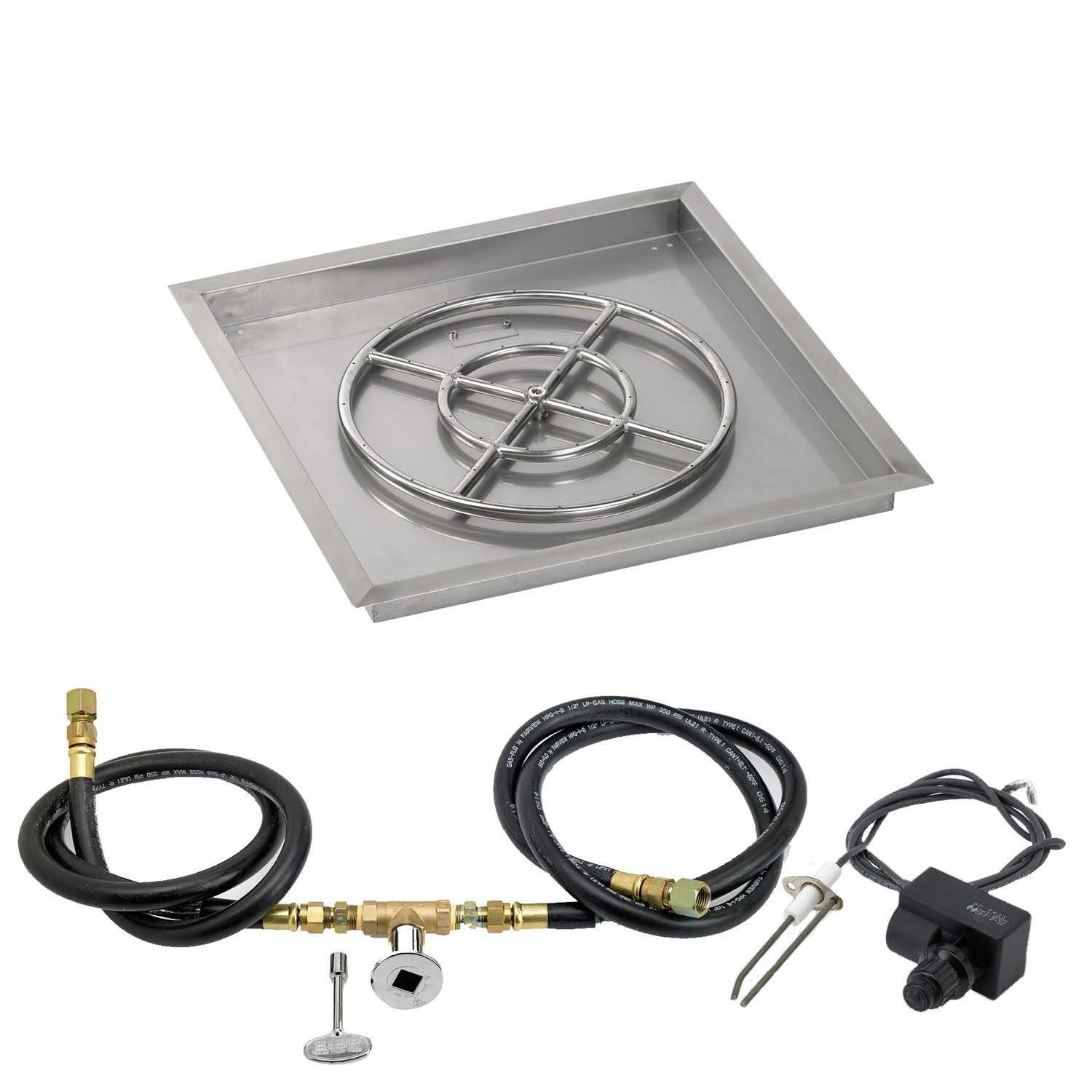 Square stainless fire pit pan with spark ignition burner and connected gas hose components