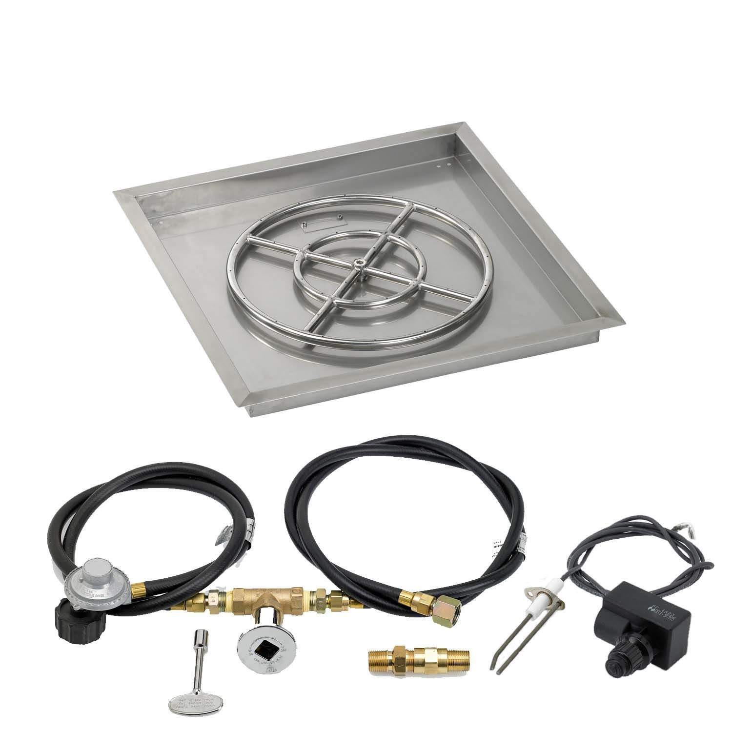 Square metal fire pit burner pan with circular burner grate and black hose ignition set