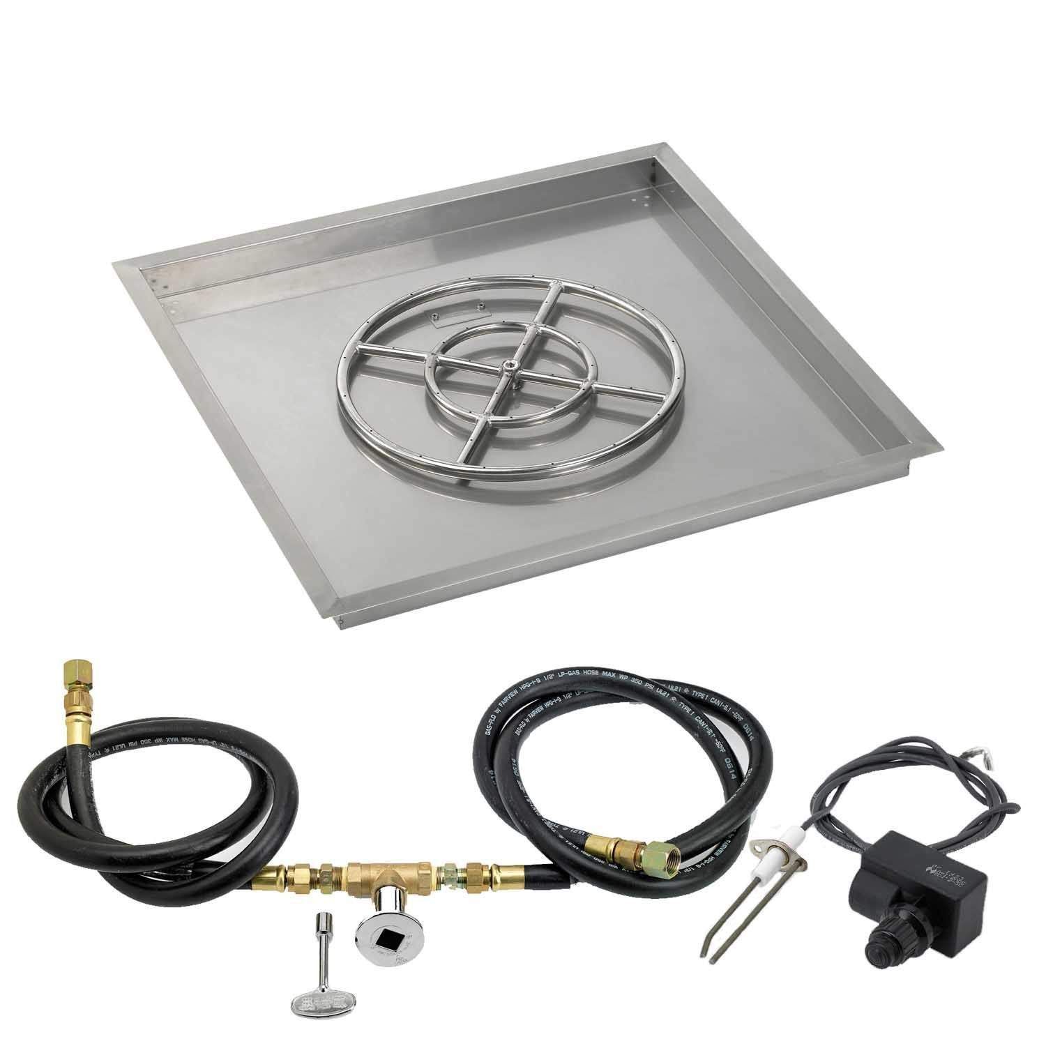 Square stainless fire pit pan with spark ignition burner and spark igniter hose kit