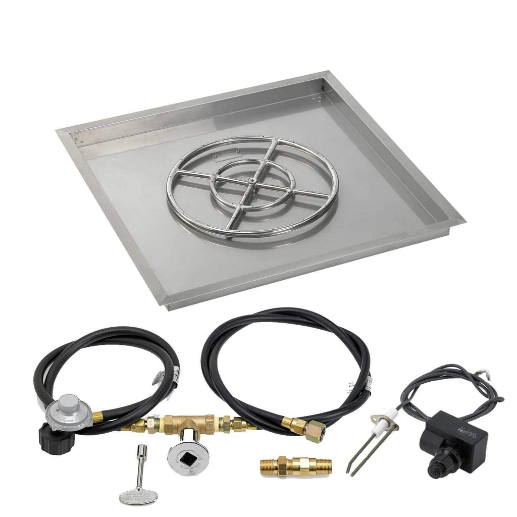 Square metal fire pit burner pan with circular gas ring and complete black ignition components