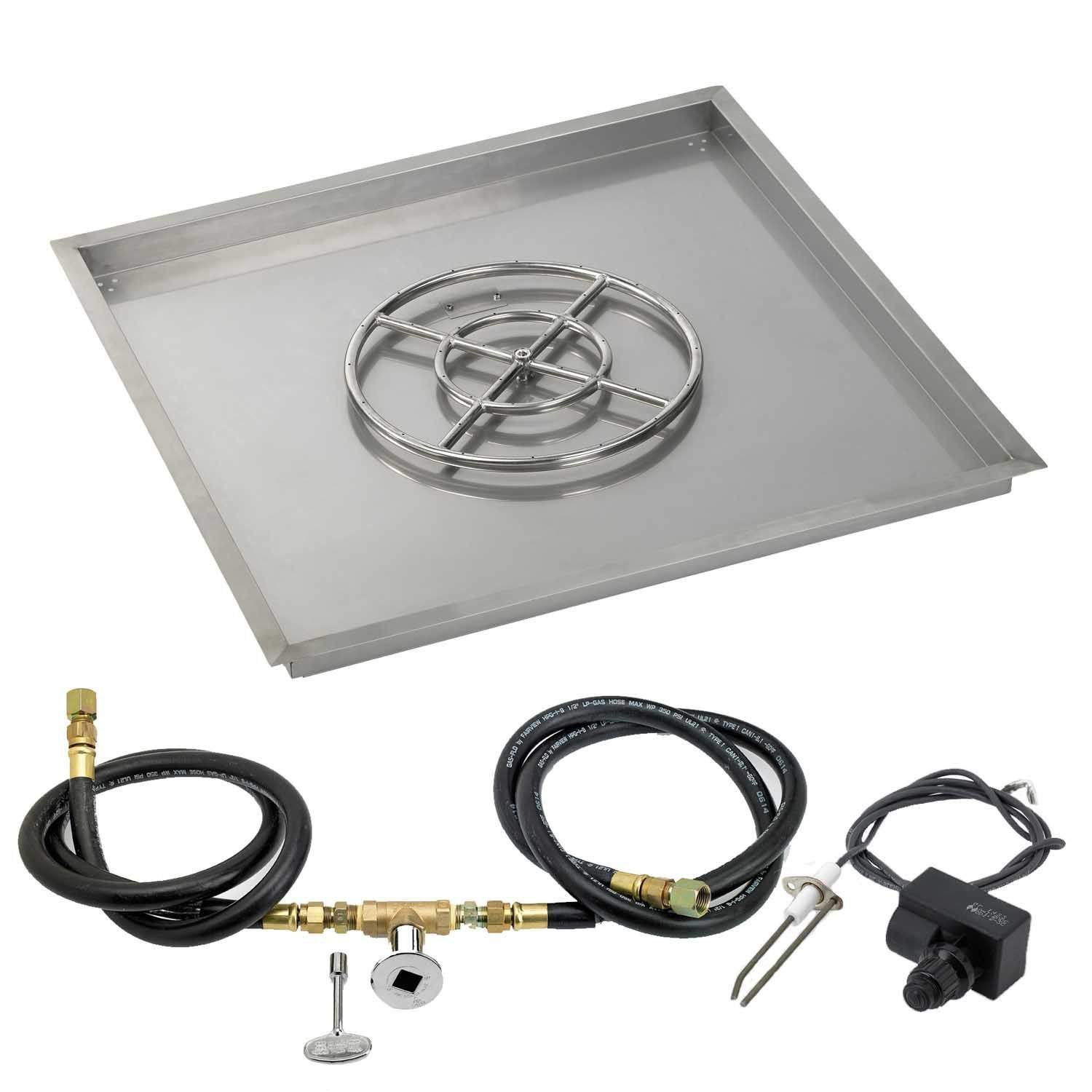 Square metal fire pit burner pan with circular burner grate and black ignition hoses