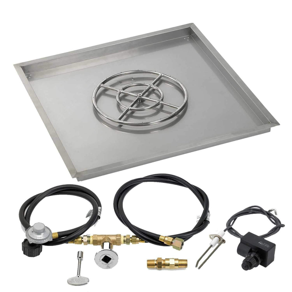 Square metal fire pit burner pan with circular grate and control module with black hoses
