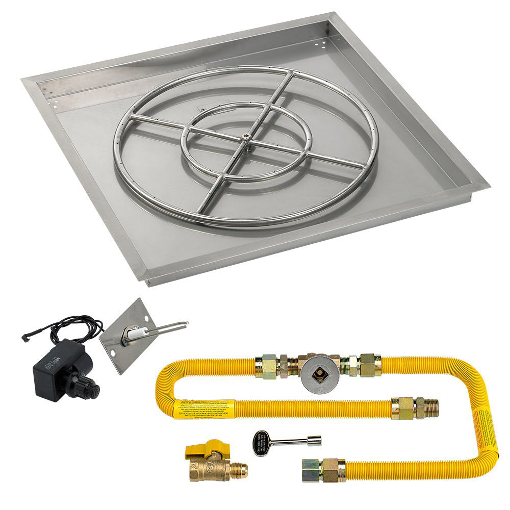 Square metal fire pit burner pan with circular gas ring and ignition kit, yellow hoses