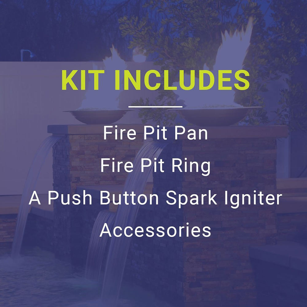 Spark ignition fire pit kit promotional graphic listing included components