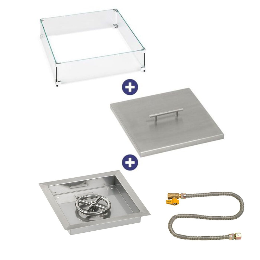 American Fire Products Square Stainless Steel Drop-In Pan Fire Pit Kit with Burner and Match Light Ignition