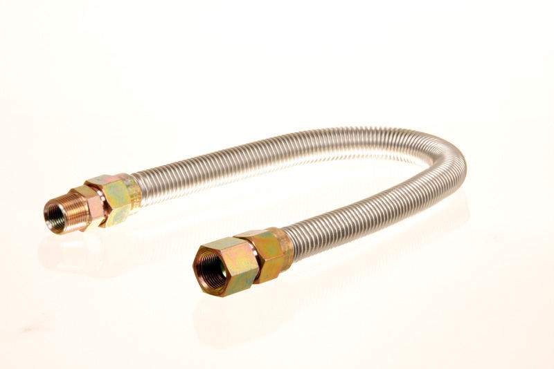 Stainless steel gas flex line with two brass hex end fittings, metal coil hose