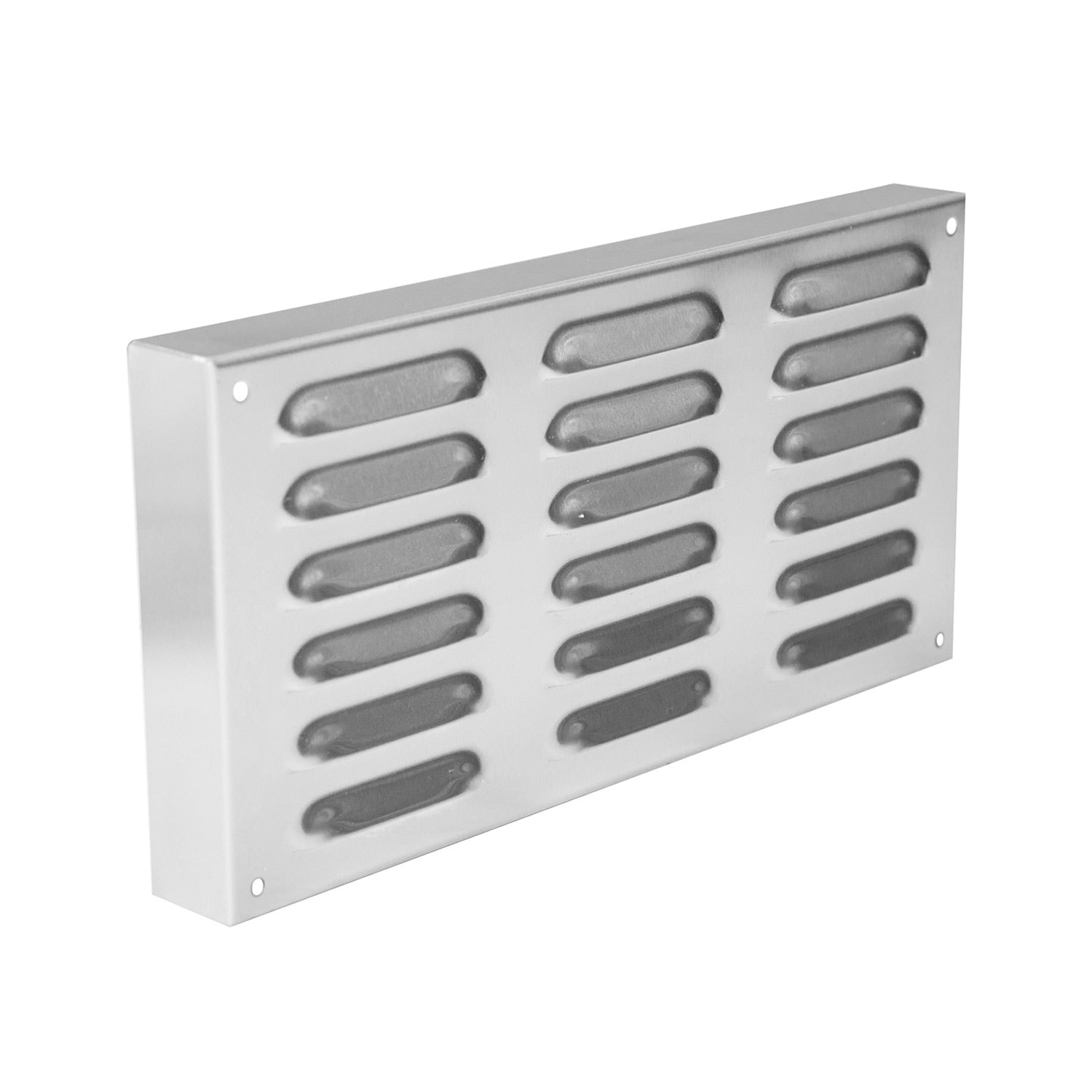 Masonry island vent, silver metal with rectangular louver openings, side mounting flanges
