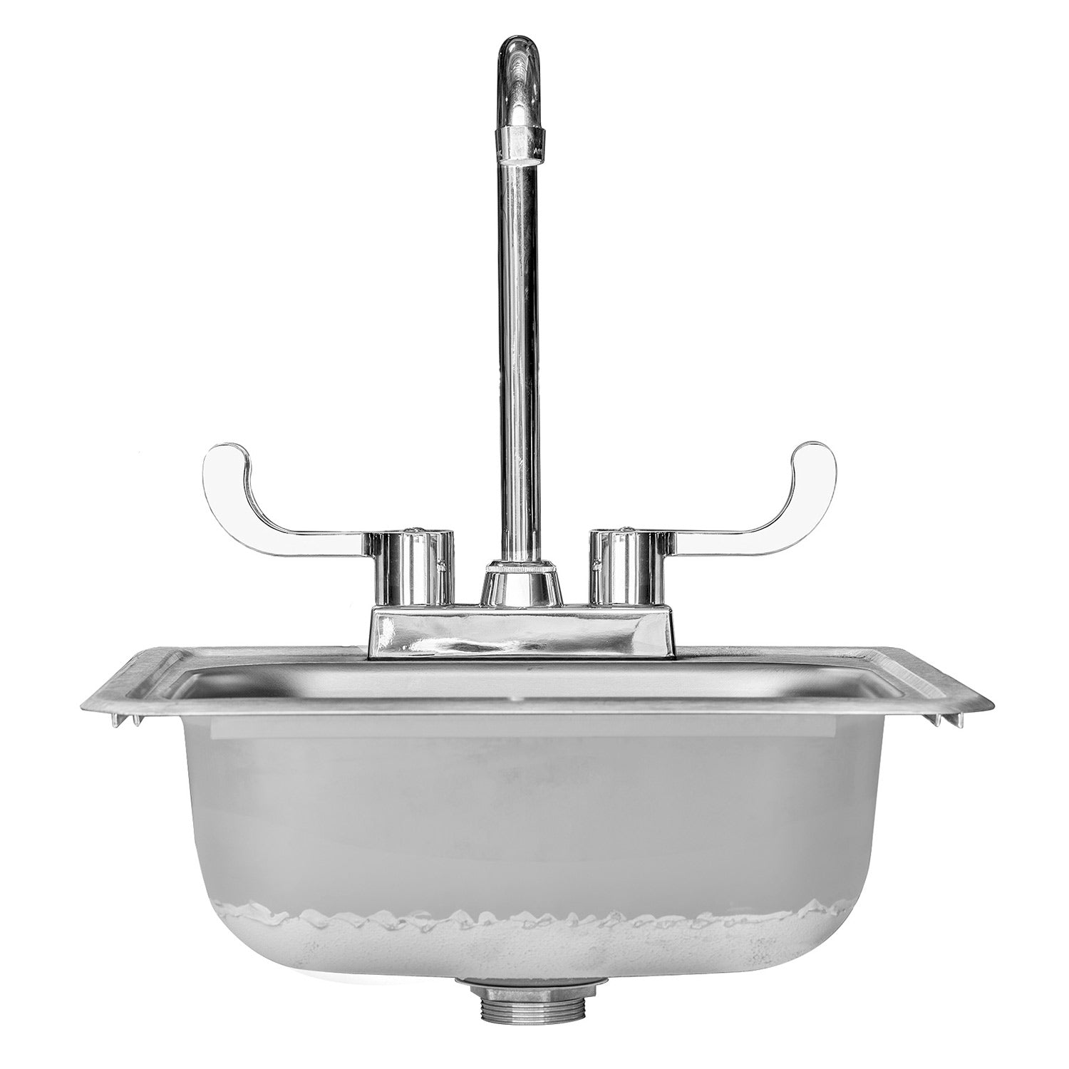 Stainless steel drop-in sink with tall faucet, side lever controls, and drain outlet