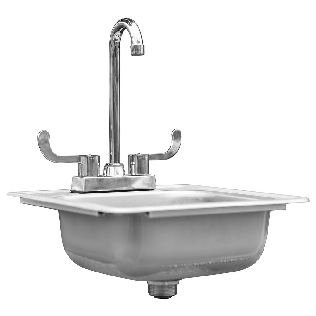 Drop-in sink with tall chrome faucet, side handles, and top-mounted mounting plate