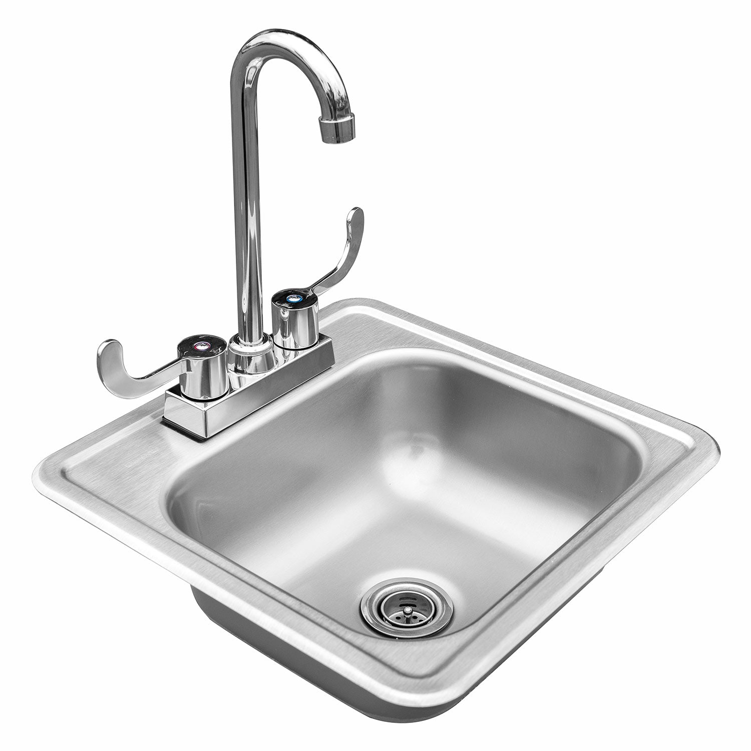 Stainless steel drop-in sink with single-handle gooseneck faucet and drain strainer