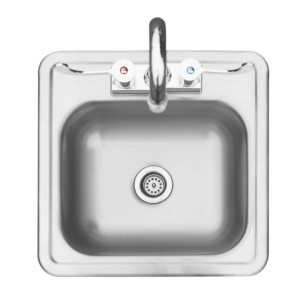 Drop-in sink basin with round faucet sprayer and mounted drain opening