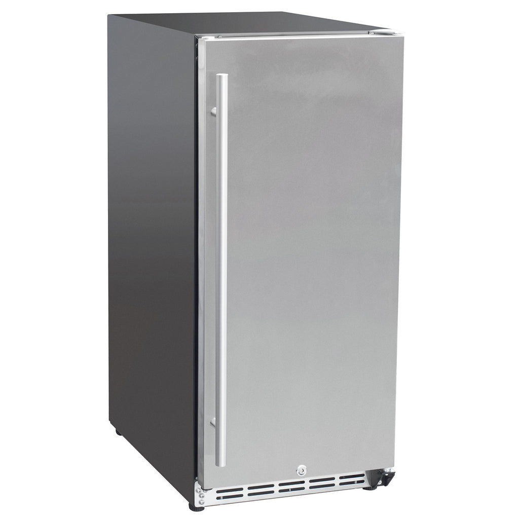 Stainless-door refrigerator unit with black cabinet and side handle, compact outdoor size