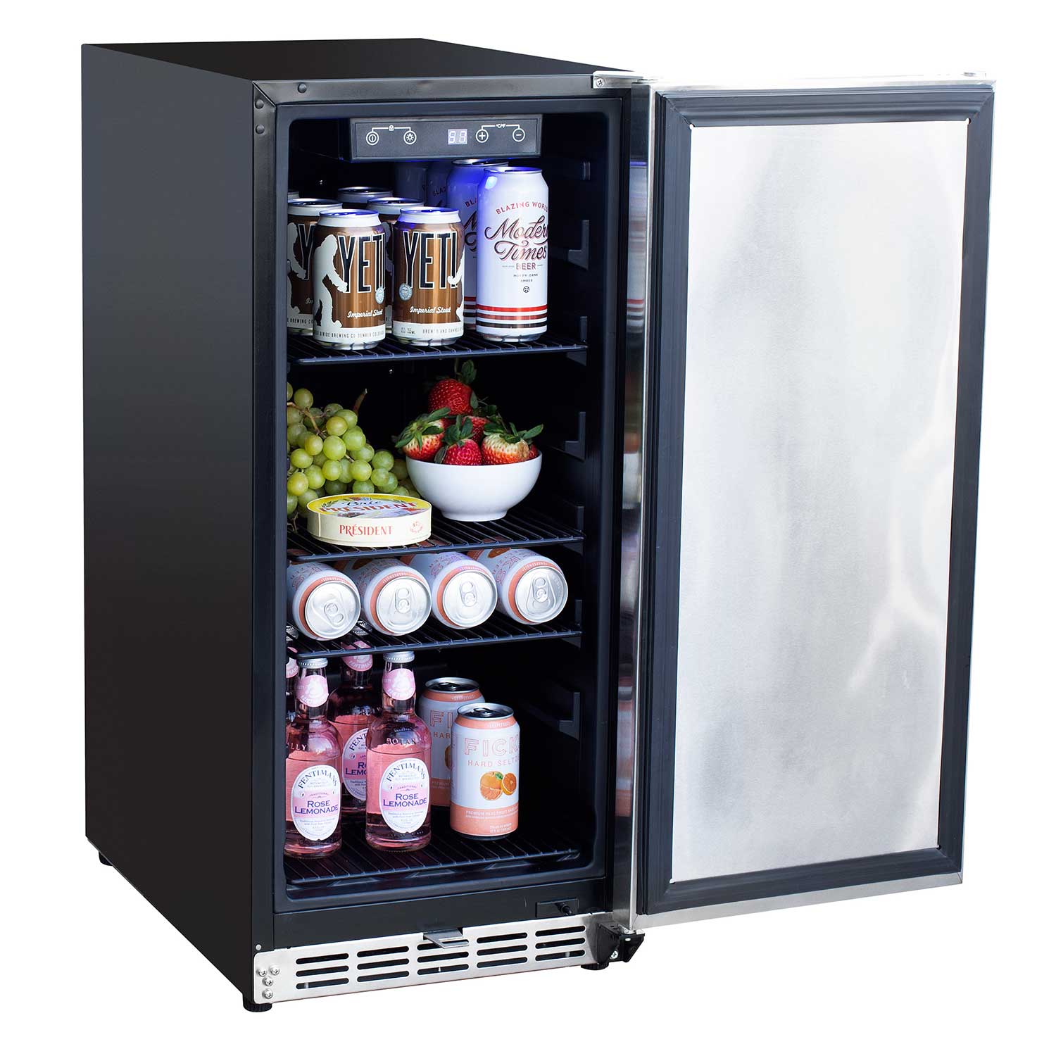 Stainless-door refrigerator with open door showing stocked shelves and wire racks