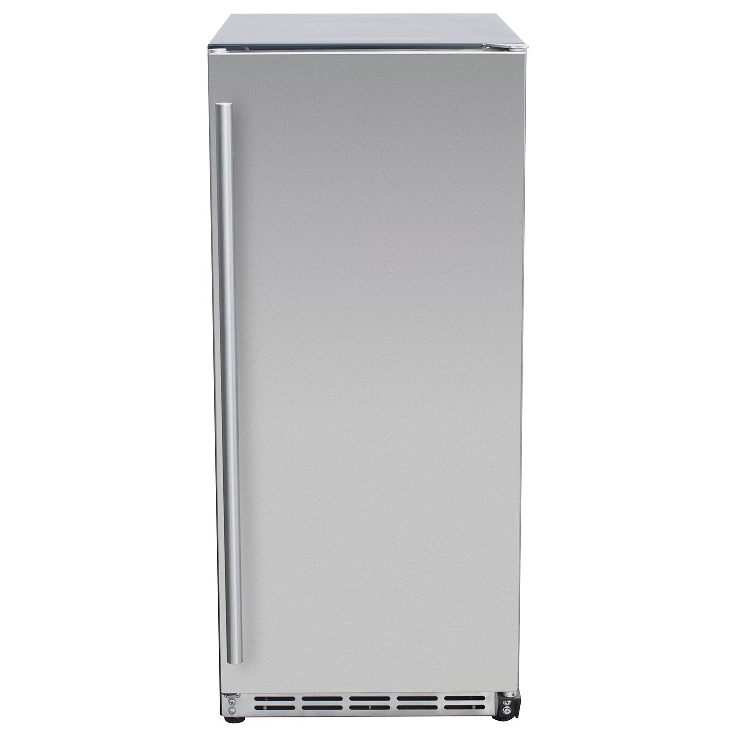 Stainless single-door refrigerator with vertical handle and front vent grilles