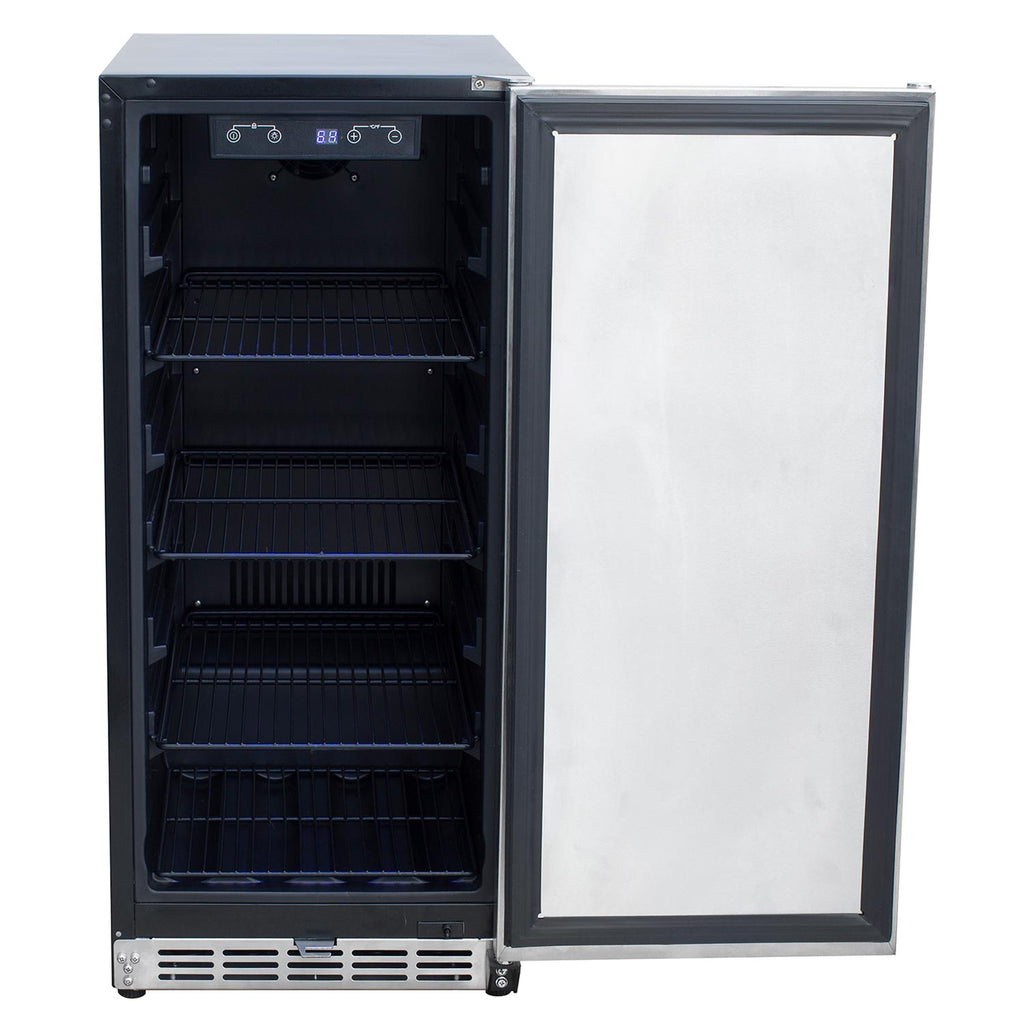 Open-door refrigerator with empty interior shelves and wire rack tiers
